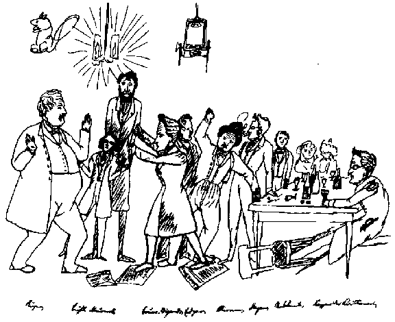 Engels's 1842 sketch of Die Freien: L-R: Ruge, Buhl,
Nauwerck, Bruno Bauer, Wigand, Edgar Bauer, Stirner, Meyen, two unknowns, and
K&ouml;ppen